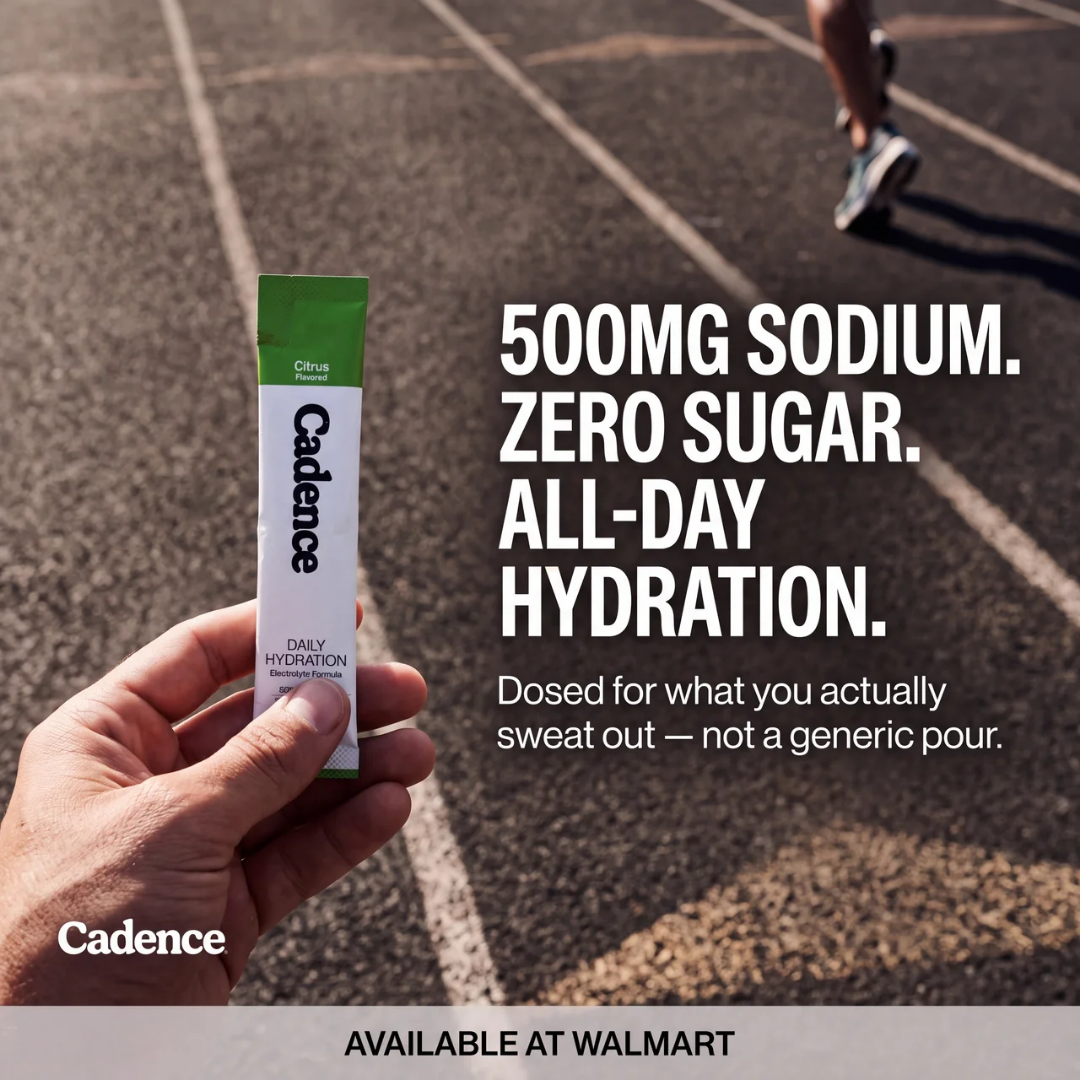 Cadence ad — 500mg sodium, zero sugar, all-day hydration