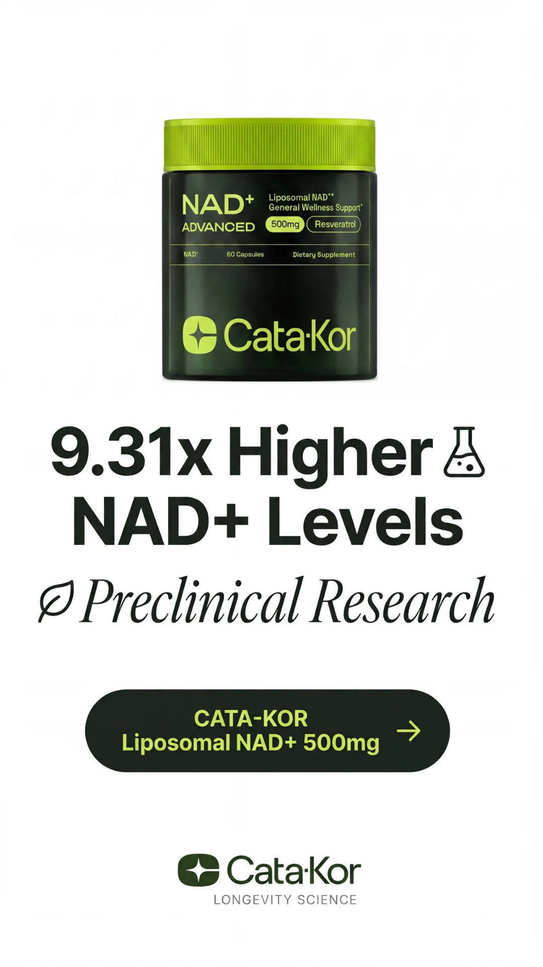 Cata-Kor ad — 9.31x higher NAD+ levels
