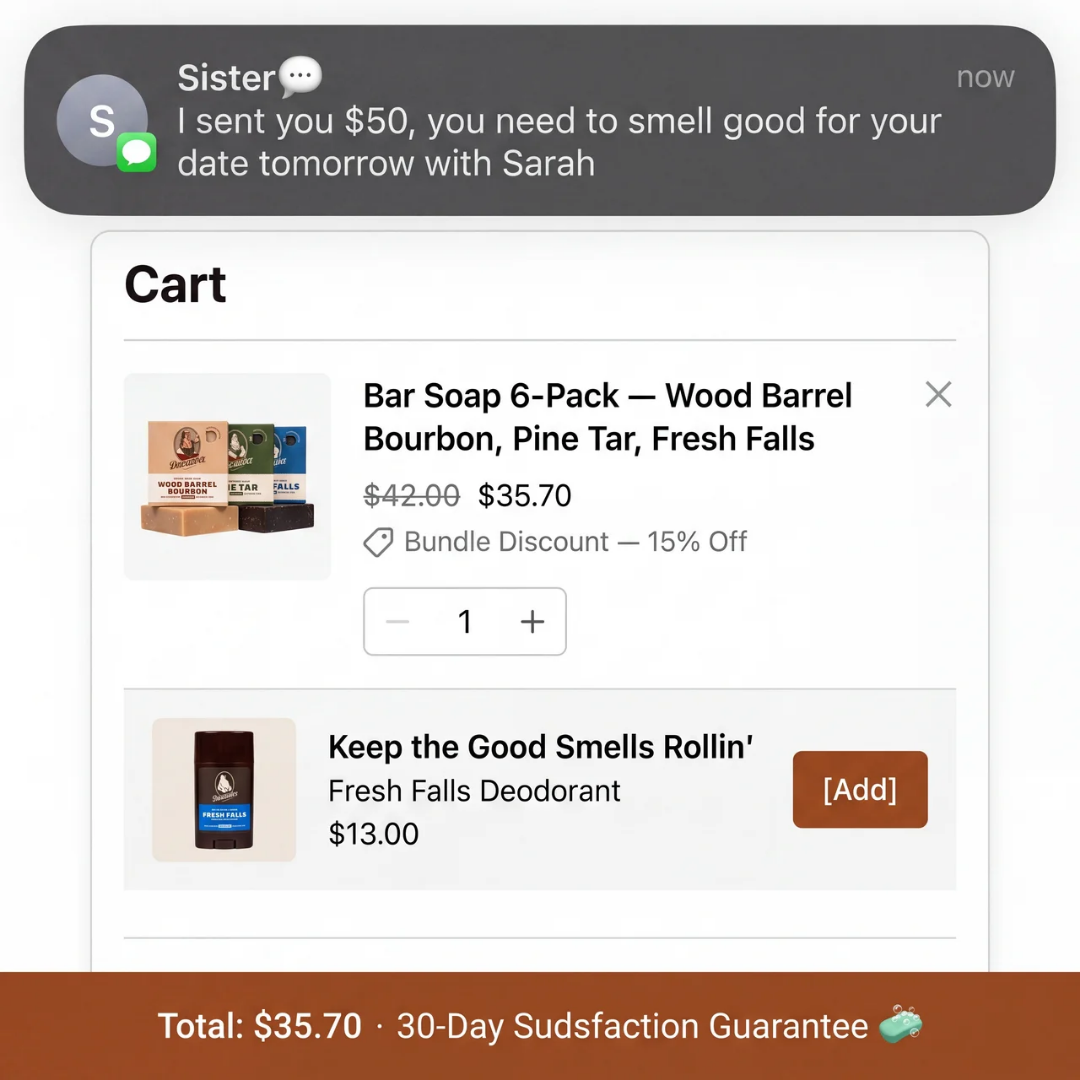 Dr. Squatch ad — sister sent $50, cart bundle