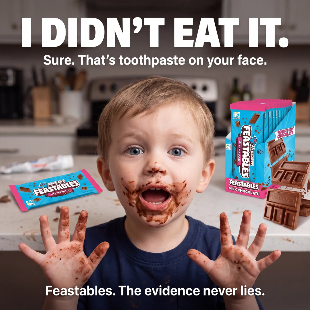 Feastables ad — I didn't eat it, that's toothpaste on your face
