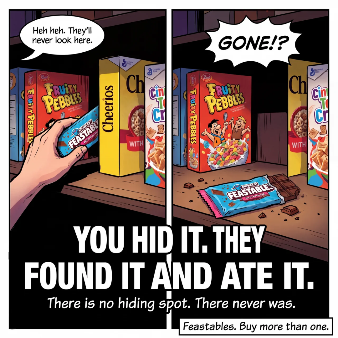 Feastables ad — you hid it, they found it and ate it