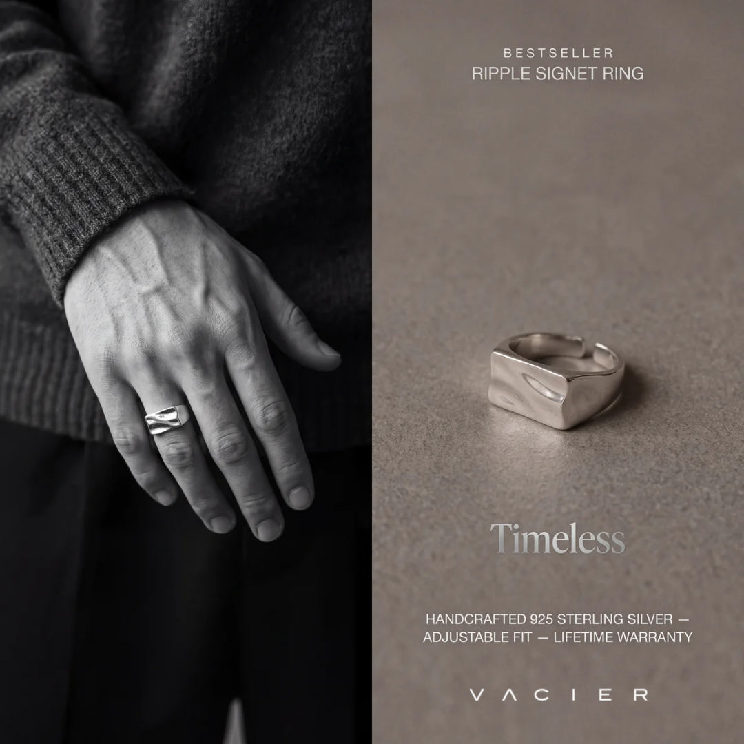 Vacier jewelry ad — ripple signet ring bestseller