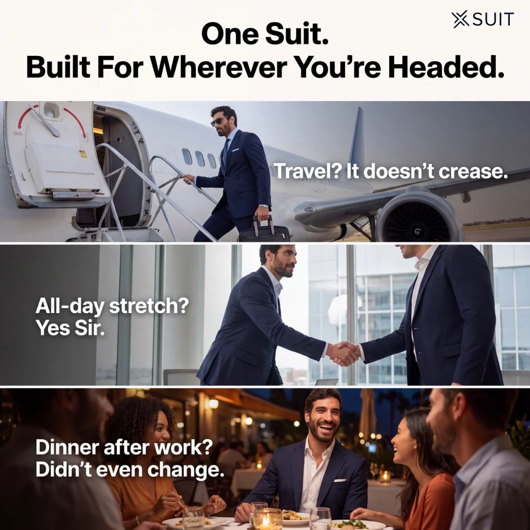 xSuit ad — one suit built for wherever you're headed
