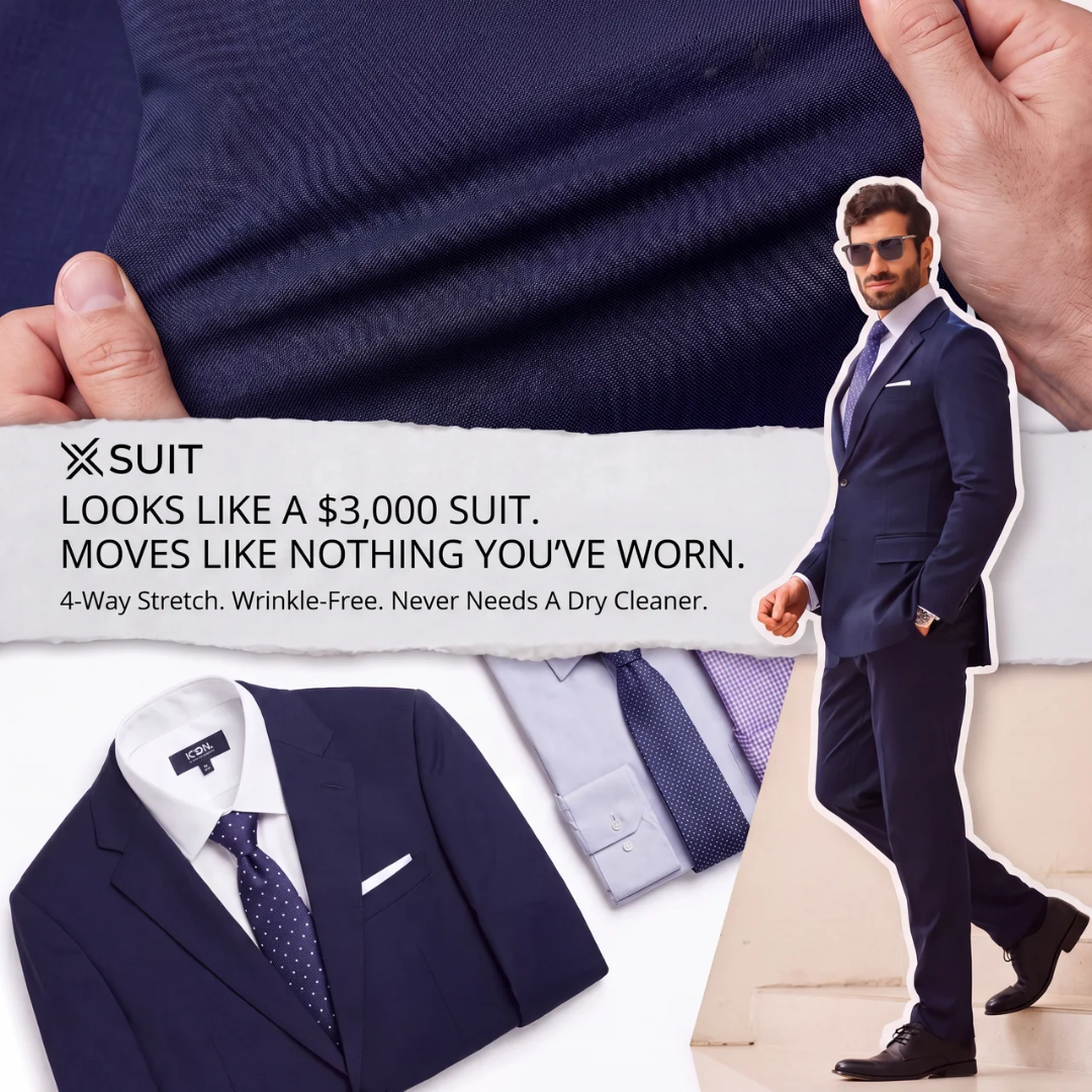 xSuit ad — looks like a $3,000 suit, moves like nothing you've worn